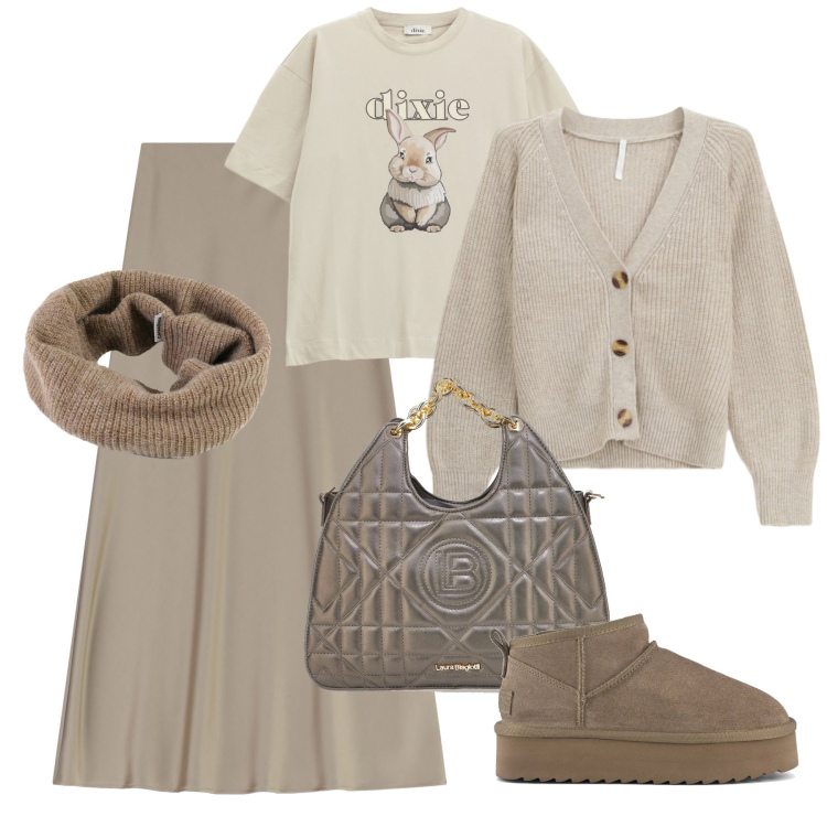Outfit donna - Disinvolta tutto il giorno. Stile Casual chic per Tutti i giorni. Abbinamento con gonne lunghe, cardigans, t-shirt, scaldacollo, stivaletti, borse a mano.