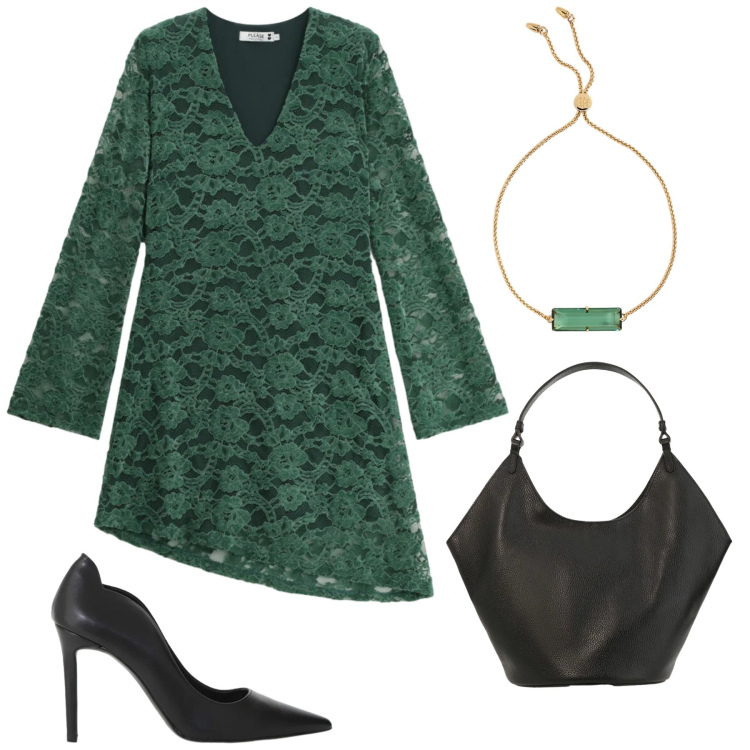 Outfit donna - Green. Stile Romantica per Serata fuori. Abbinamento con vestiti corti, décolleté, borse a spalla, braccialetti.