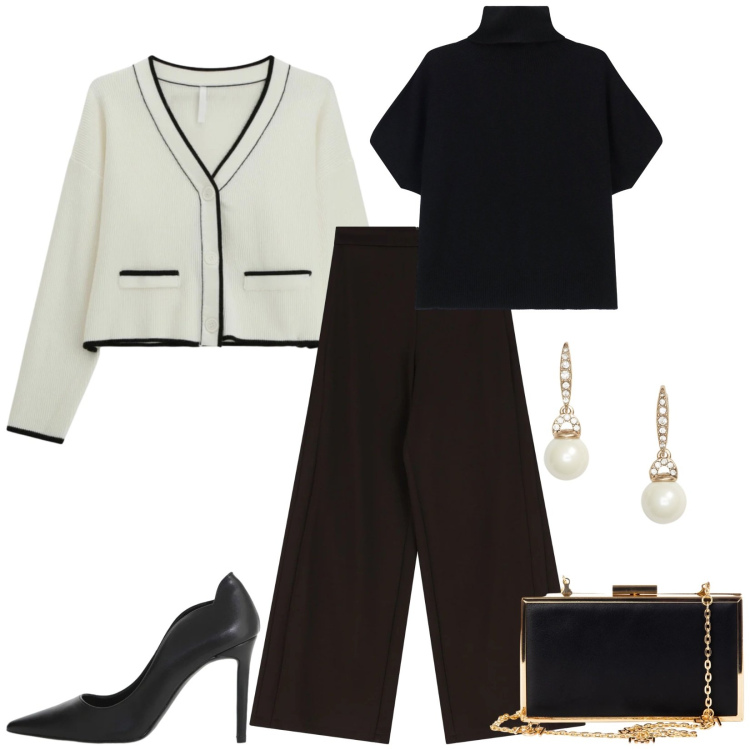 Outfit donna - Cena formale. Stile Bon Ton per Serata fuori. Abbinamento con pochette, maglieria, pantaloni a palazzo, cardigans, décolleté, orecchini.