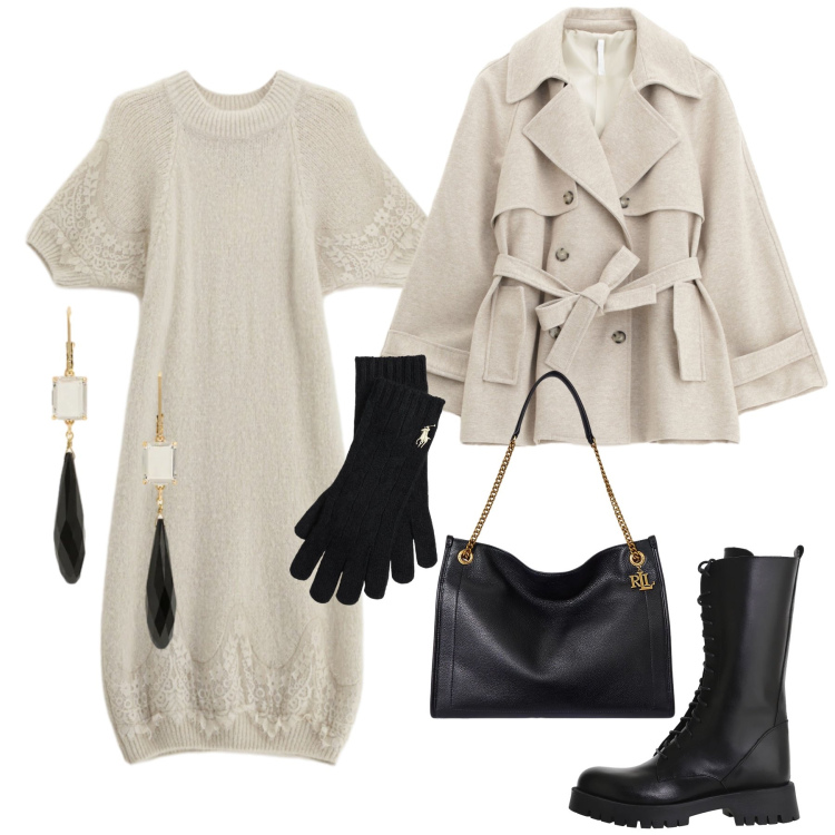 Outfit donna - Serata con gli amici. Stile Casual chic per Serata fuori. Abbinamento con trench, vestiti corti, stivali, guanti, orecchini, borse tote.