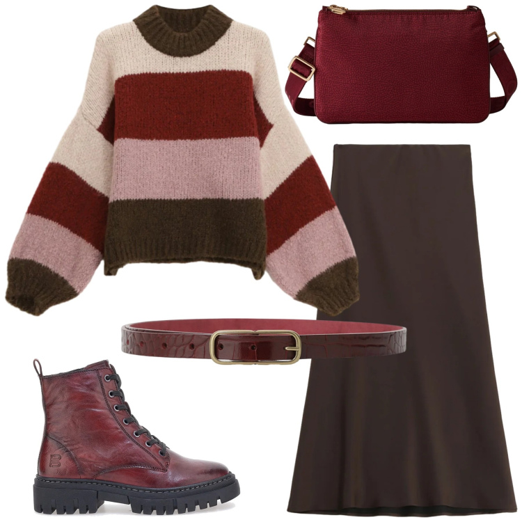 Outfit donna - Maglione morbido, cuore caldo. Stile Urban per Tutti i giorni. Abbinamento con gonne lunghe, maglieria, cinture, borse a tracolla, anfibi.