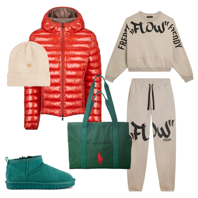 Outfit donna - Momenti leggeri. Stile Casual per Tutti i giorni. Abbinamento con pantaloni, felpe, berretti, borse tote, blazer, stivali.