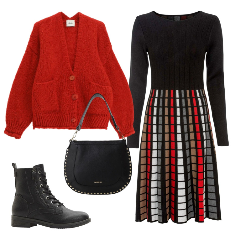 Outfit donna - Quadri natalizi. Stile Casual chic per Tutti i giorni. Abbinamento con vestiti, stivaletti, borse a spalla, cardigans.