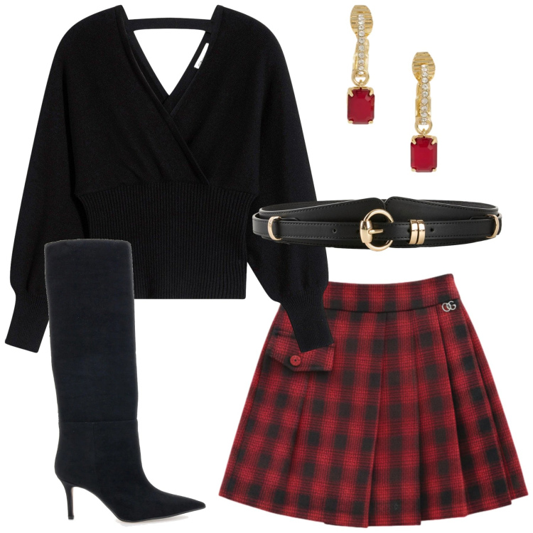 Outfit donna - Un outfit a quadretti scozzesi x le fest. Stile Trendy per Serata fuori. Abbinamento con maglieria, cinture, minigonne, orecchini, stivali.