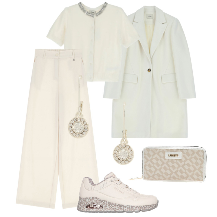 Outfit donna - Atmosfera natalizia in città. Stile Casual chic per Tutti i giorni. Abbinamento con cardigans, cappotti, pantaloni a palazzo, orecchini, portafogli, sneakers.