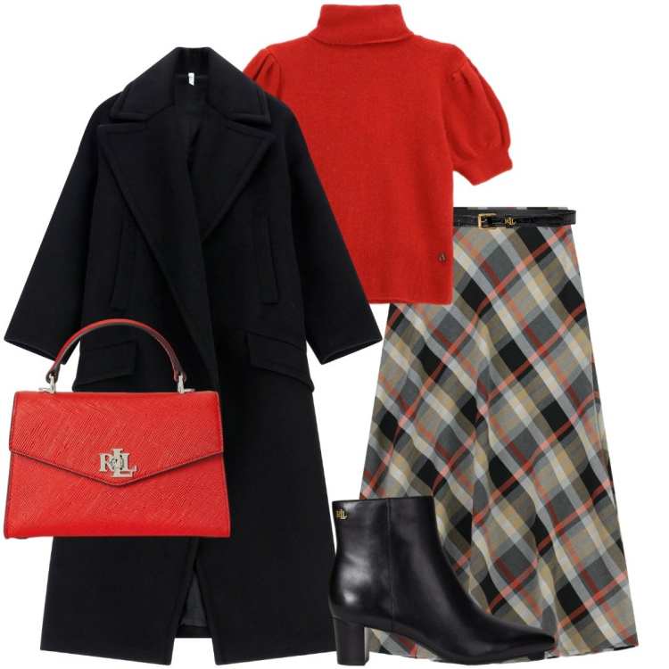 Outfit donna - Outfit a quadretti scozzesi. Stile Chic per Serata fuori. Abbinamento con cappotti, gonne lunghe, maglieria, borse a mano, stivaletti, cinture.