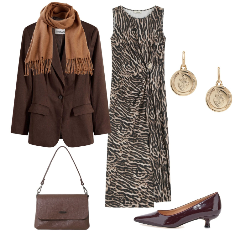 Outfit donna - Total look #2300302. Stile Chic per Serata fuori. Abbinamento con sciarpe, blazer, borse a tracolla, vestiti midi/longuette, orecchini, décolleté.