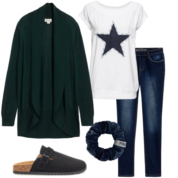 Outfit donna - Relax of home. Stile Basic per Tutti i giorni. Abbinamento con cardigans, t-shirt, jeggings, accessori per capelli, ciabatte.