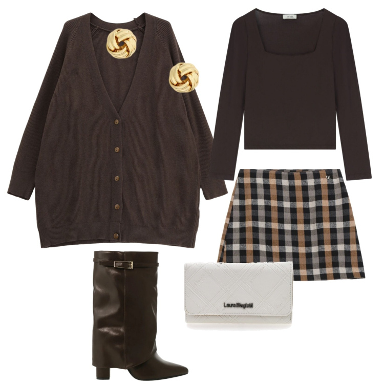 Outfit donna - Total look #2300305. Stile Chic per Serata fuori. Abbinamento con stivali, minigonne, cardigans, top, orecchini, portafogli.