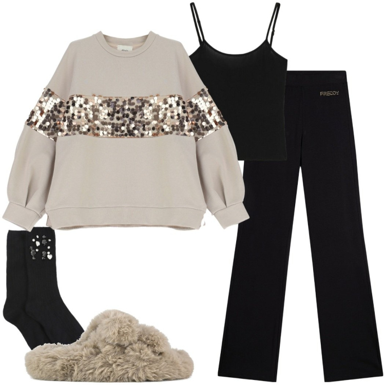 Outfit donna - Relax at home. Stile Basic per Tutti i giorni. Abbinamento con top, leggings, felpe, calzini, ciabatte.