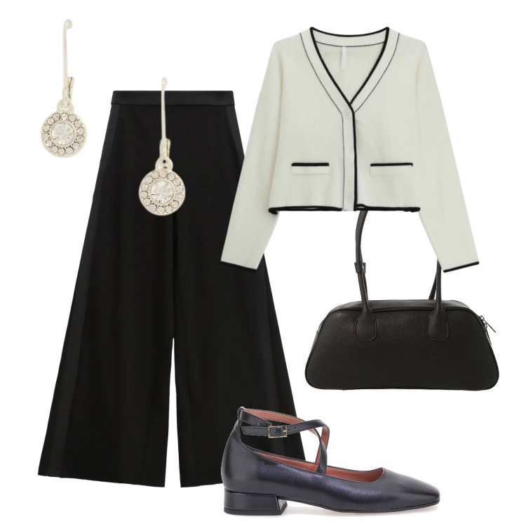 Outfit donna - Minimal bon ton. Stile Bon Ton per Tutti i giorni. Abbinamento con pantaloni a palazzo, cardigans, borse a mano, orecchini, ballerine.