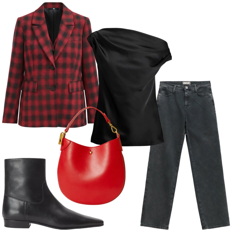 Outfit donna - Un outfit a quadretti scozzesi x le fest. Stile Trendy per Serata fuori. Abbinamento con jeans dritti, blazer, top, stivaletti, pochette.