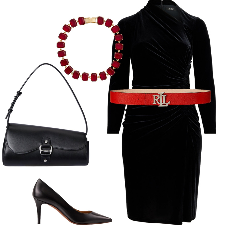 Outfit donna - Qualcosa di rosso. Stile Sexy per Serata fuori. Abbinamento con cinture, décolleté, borse a spalla, vestiti asimmetrici, braccialetti.
