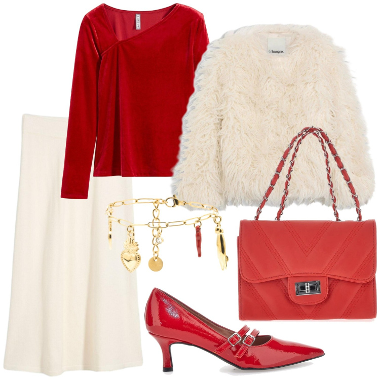 Outfit donna - Un tocco di rosso. Stile Chic per Serata fuori. Abbinamento con ecopellicce, gonne longuette, maglieria, braccialetti, décolleté, borse a tracolla.