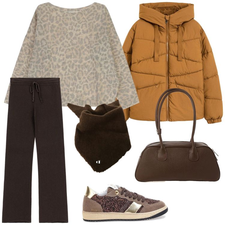 Outfit donna - Semplice Semplice. Stile Minimal per Tutti i giorni. Abbinamento con giacche, maglieria, pantaloni a palazzo, borse a mano, foulard, sneakers.