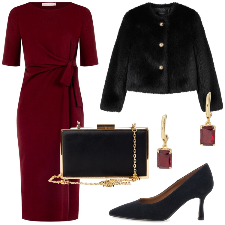 Outfit donna - Cena di Natale. Stile Glamour per Serata fuori. Abbinamento con vestiti a tubino, pochette, ecopellicce, orecchini, décolleté.