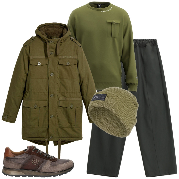 Outfit uomo - Giornata di shopping natalizio. Stile Casual per Tutti i giorni. Abbinamento con parka, pantaloni, berretti, felpe, sneakers.