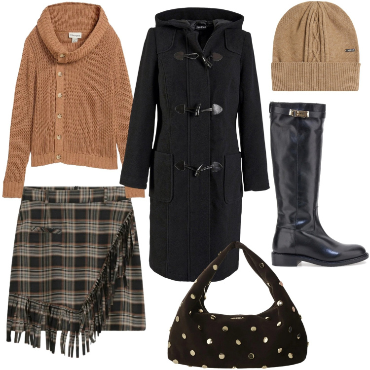 Outfit donna - La gonna tartan. Stile Urban per Tutti i giorni. Abbinamento con montgomery, maglieria, borse a spalla, minigonne, berretti, stivali.