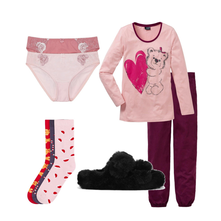 Outfit donna - Kit comfort. Stile Romantica per Tutti i giorni. Abbinamento con pigiama, culotte, calzini, ciabatte.