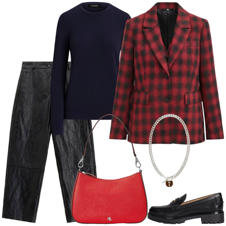 Outfit donna - Il blazer. Stile Casual chic per Ufficio. Abbinamento con pantaloni, blazer, maglieria, borse a spalla, ciondoli, mocassini.