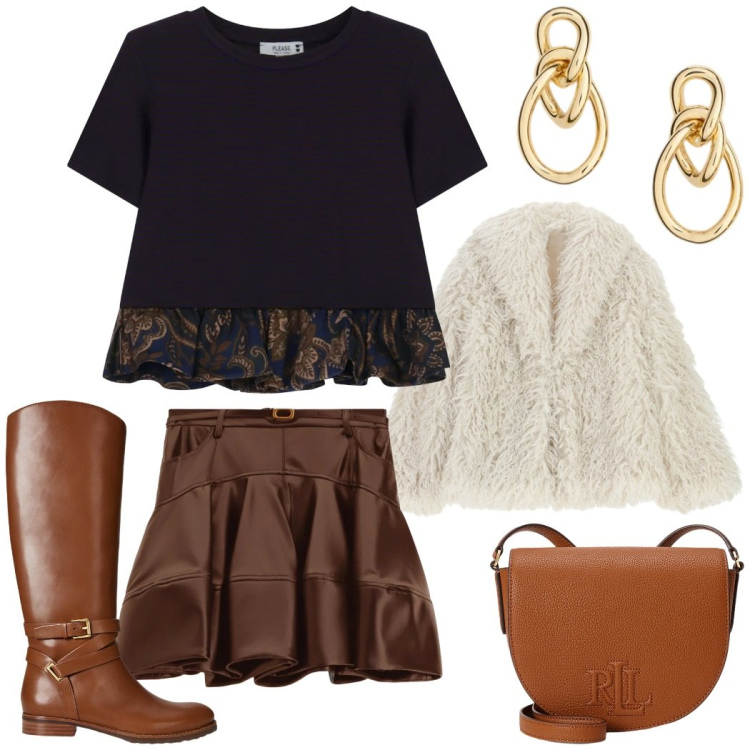 Outfit donna - Merry Christmas. Stile Chic per Tutti i giorni. Abbinamento con t-shirt, minigonne, ecopellicce, stivali, borse a tracolla, orecchini.