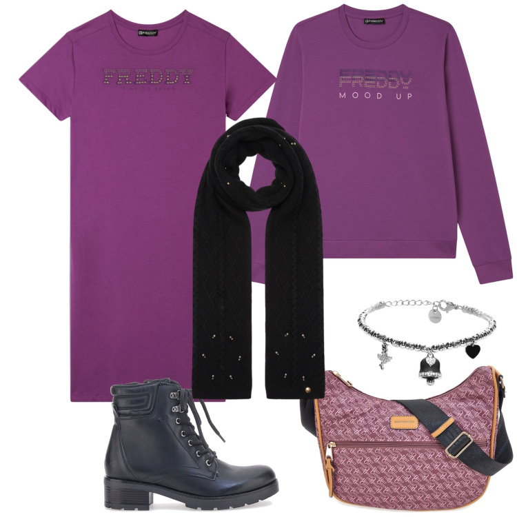 Outfit donna - Saturday morning. Stile Trendy per Tutti i giorni. Abbinamento con sciarpe, vestiti, braccialetti, felpe, borse a tracolla, anfibi.