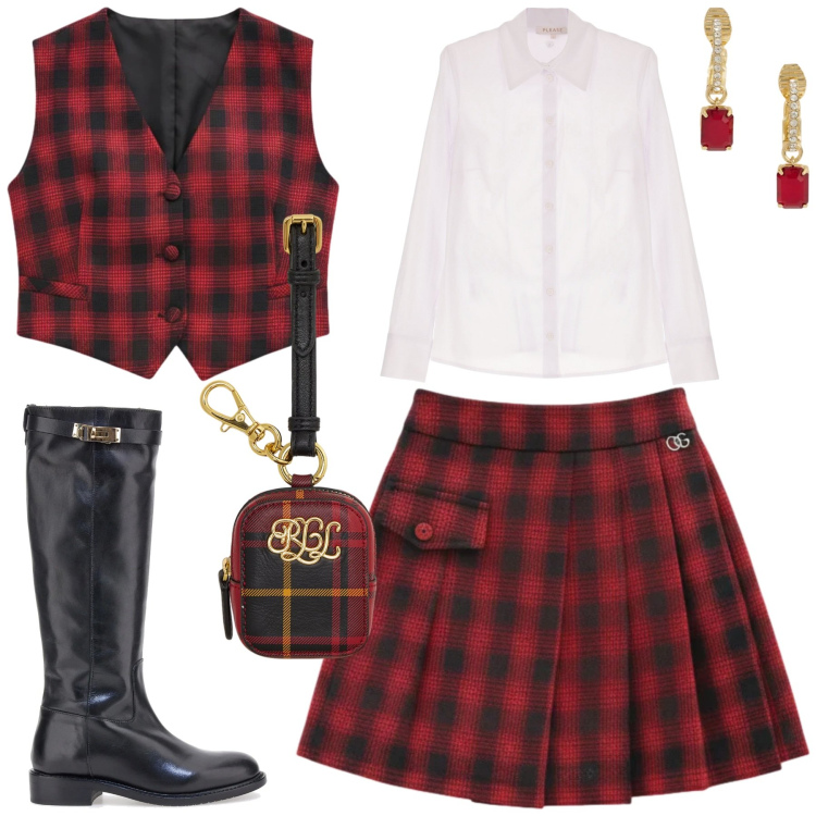 Outfit donna - Il tartan non solo Natale. Stile Preppy per Tutti i giorni. Abbinamento con camicie, minigonne, gilet, pochette, orecchini, stivali.