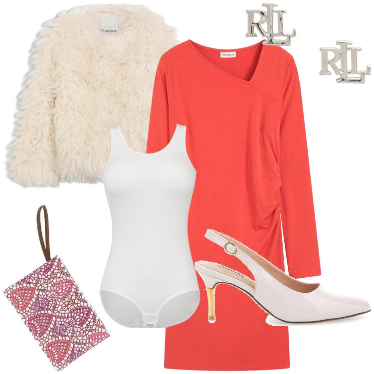 Outfit donna - Matrimonio dí dicembre. Stile Chic per Cerimonia. Abbinamento con vestiti, body, ecopellicce, orecchini, décolleté, pochette.