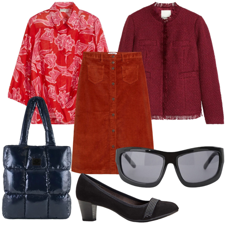 Outfit donna - Ufficio natalizio col rosso. Stile Urban per Ufficio. Abbinamento con gonne longuette, décolleté, bluse, cappotti, occhiali da sole, shopping bag.