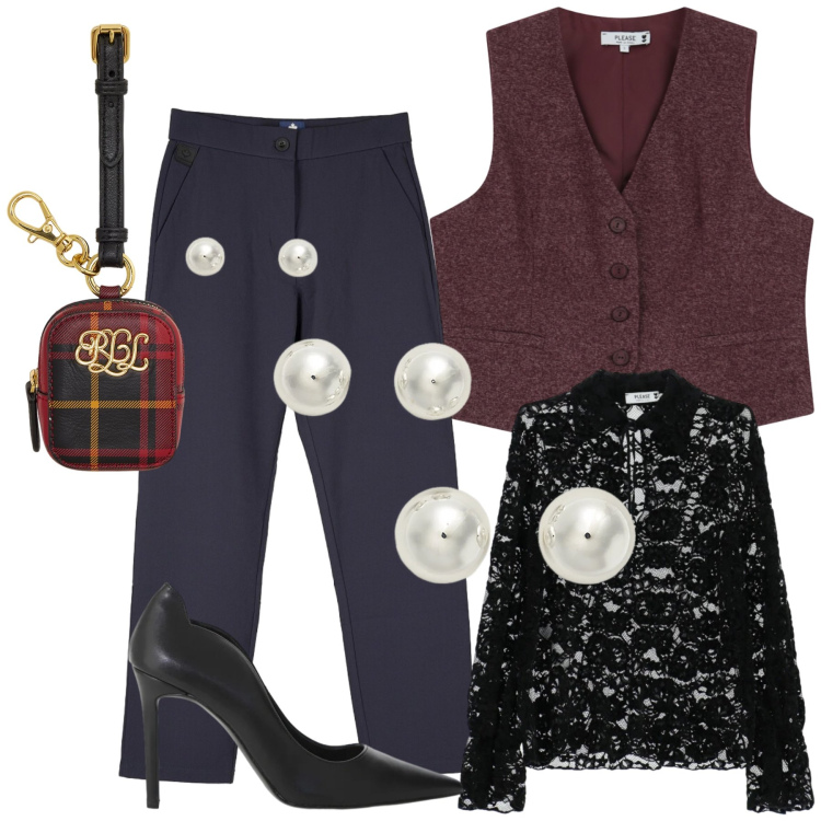 Outfit donna - Solo il gilet rubato a lui. Stile Glamour per Serata fuori. Abbinamento con gilet, camicie, décolleté, orecchini, pochette, pantaloni chino.