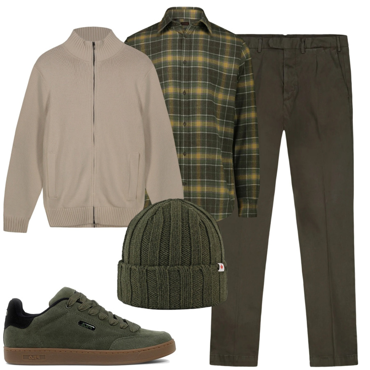 Outfit uomo - Dicembre. Stile Urban per Tutti i giorni. Abbinamento con cappelli, sneakers, pantaloni, cardigans, camicie.