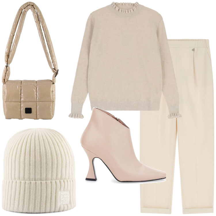 Outfit donna - Toni chic. Stile Bon Ton per Tutti i giorni. Abbinamento con maglieria, pantaloni, borse a spalla, stivaletti, berretti.