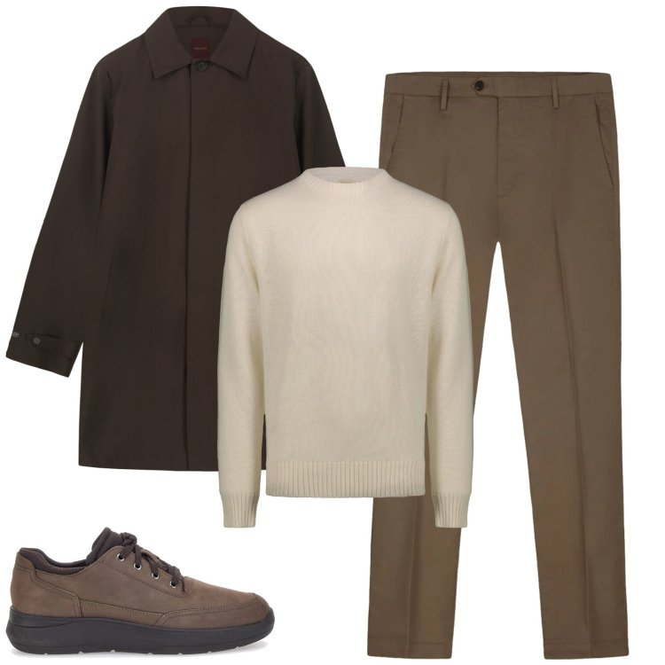 Outfit uomo - Dicembre. Stile Urban per Tutti i giorni. Abbinamento con maglieria, scarpe stringate, trench, pantaloni.
