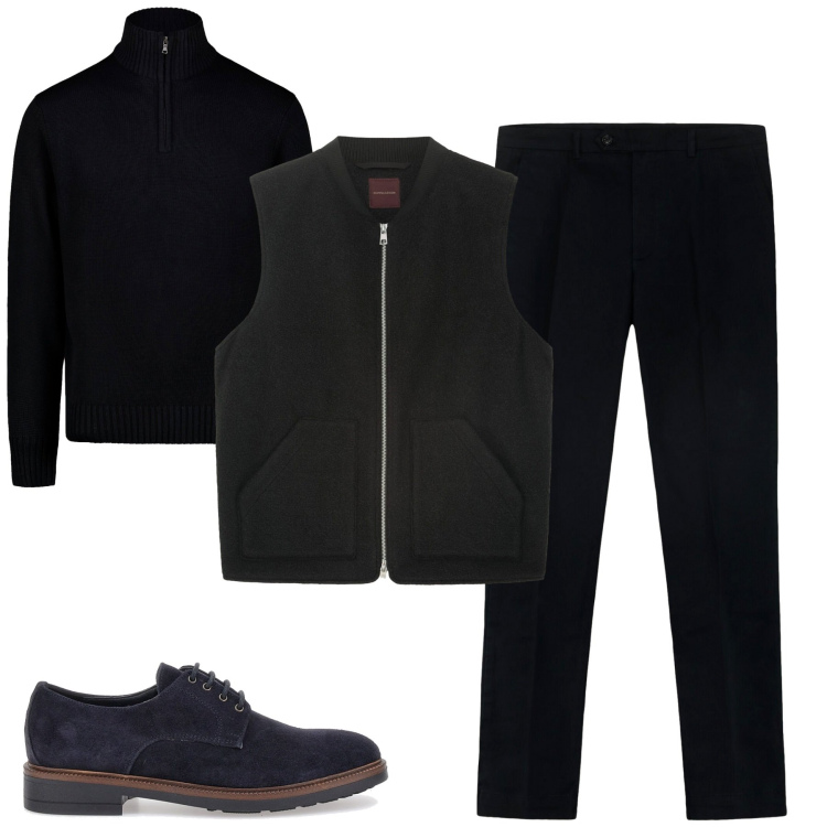 Outfit uomo - Total black. Stile Urban per Tutti i giorni. Abbinamento con scarpe stringate, pantaloni, piumini, maglieria.