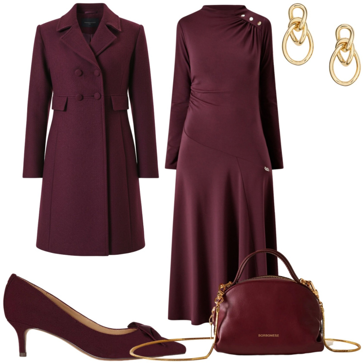 Outfit donna - Serata chic. Stile Chic per Serata fuori. Abbinamento con vestiti midi/longuette, cappotti, borse a mano, décolleté, orecchini.