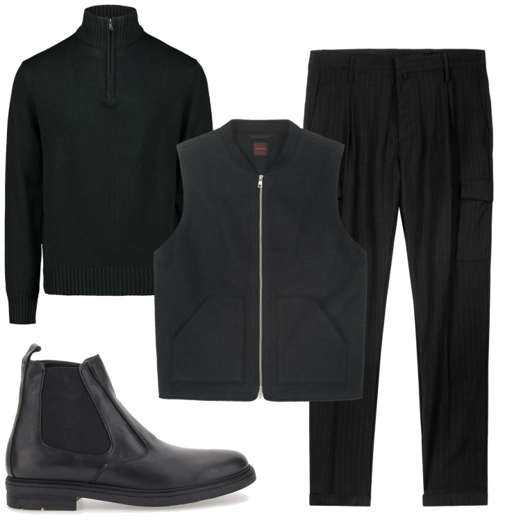 Outfit uomo - Total black. Stile Urban per Tutti i giorni. Abbinamento con pantaloni cargo, maglieria, stivali e stivaletti, piumini.