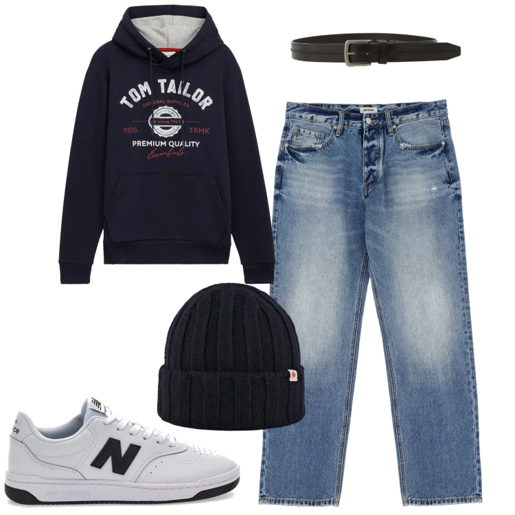 Outfit uomo - Shopping in libertà. Stile Casual per Tutti i giorni. Abbinamento con felpe con cappuccio, jeans, cinture, berretti, sneakers.
