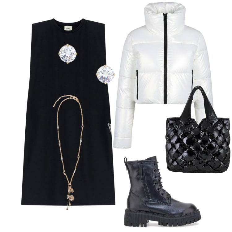 Outfit donna - Easy chic. Stile Casual chic per Tutti i giorni. Abbinamento con vestiti midi/longuette, orecchini, piumini, borse tote, anfibi, ciondoli.