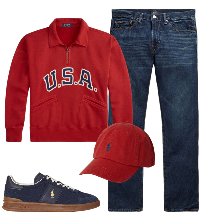 Outfit uomo - La felpa rossa. Stile Casual per Tutti i giorni. Abbinamento con sneakers, jeans dritti, cappelli con visiera, felpe.