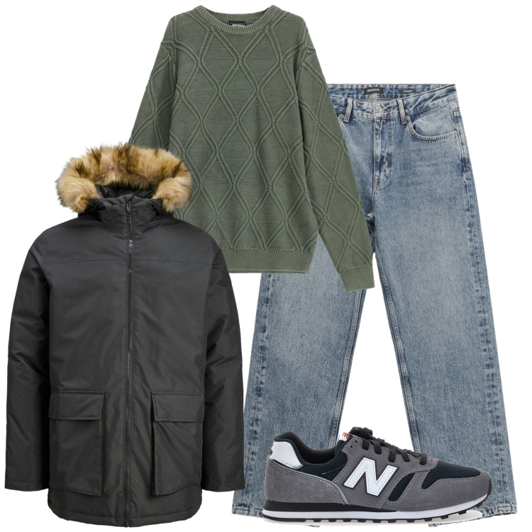 Outfit uomo - Dicembre. Stile Casual per Tutti i giorni. Abbinamento con parka, jeans dritti, maglieria, sneakers.