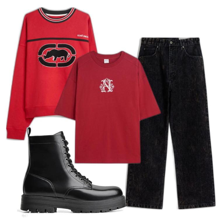 Outfit hombre - Biker Rock #371. Estilo Biker Rock para Todos los días. Combinación con camiseta, sudaderas, botas y botines, vaqueros.