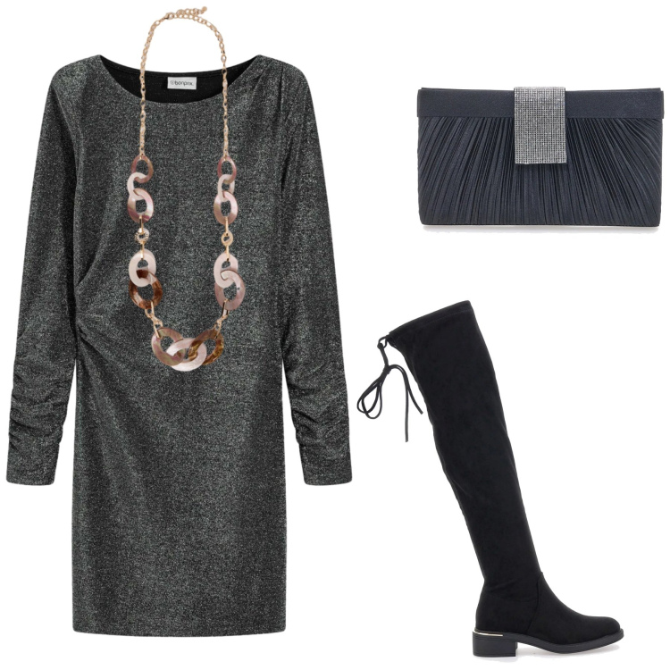 Outfit donna - Pronta per le feste. Stile Sexy per Serata fuori. Abbinamento con vestiti, pochette, collane, stivali sopra il ginocchio.