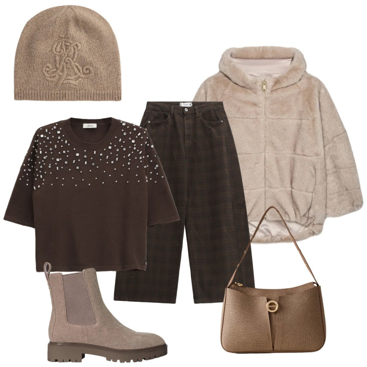 Outfit donna - In città. Stile Chic per Tutti i giorni. Abbinamento con pantaloni, borse a mano, maglieria, stivaletti chelsea, berretti, ecopellicce.