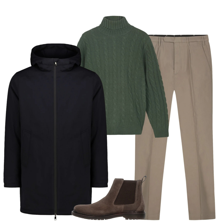 Outfit uomo - City. Stile Urban per Tutti i giorni. Abbinamento con stivali e stivaletti, parka, pantaloni, maglieria.