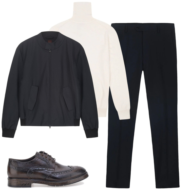 Outfit uomo - Dicembre. Stile Business/Elegante per Tutti i giorni. Abbinamento con maglieria, pantaloni, bomber, scarpe stringate.