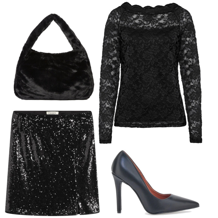 Outfit donna - Brilla con i tessuti che si accendono. Stile Sexy per Serata fuori. Abbinamento con maglieria, minigonne, décolleté, borse a spalla.