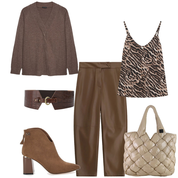 Outfit donna - Total look #2300397. Stile Casual chic per Serata fuori. Abbinamento con pantaloni, cinture, top, borse tote, stivaletti, maglieria.