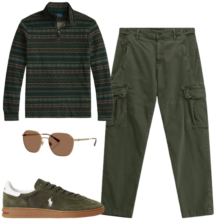 Outfit uomo - City. Stile Casual per Tutti i giorni. Abbinamento con pantaloni cargo, sneakers, occhiali da sole, pullovers.