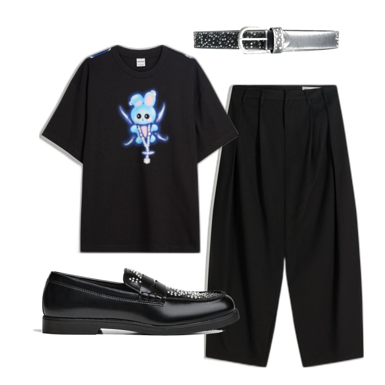 Outfit hombre - Trendy #7191. Estilo Trendy para Noche especial. Combinación con camiseta, cinturones, pantalones, zapatos con cordones.