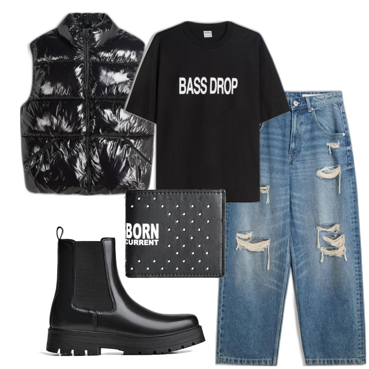 Outfit hombre - Biker Rock #372. Estilo Biker Rock para Todos los días. Combinación con vaqueros rotos, chalecos, camiseta, botas y botines, carteras.